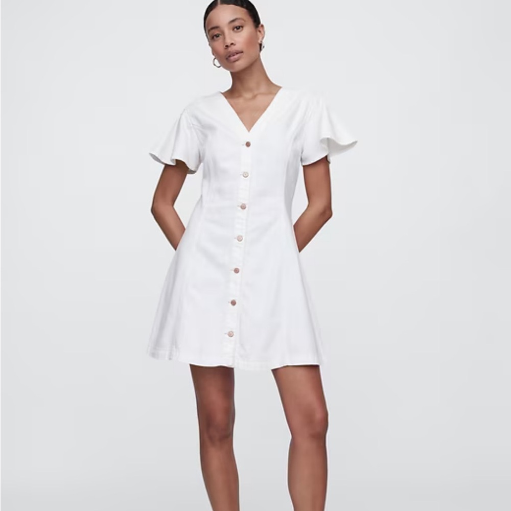 GAP White Denim Button Down Mini Flutter Sleeve Dress Sz L NWT